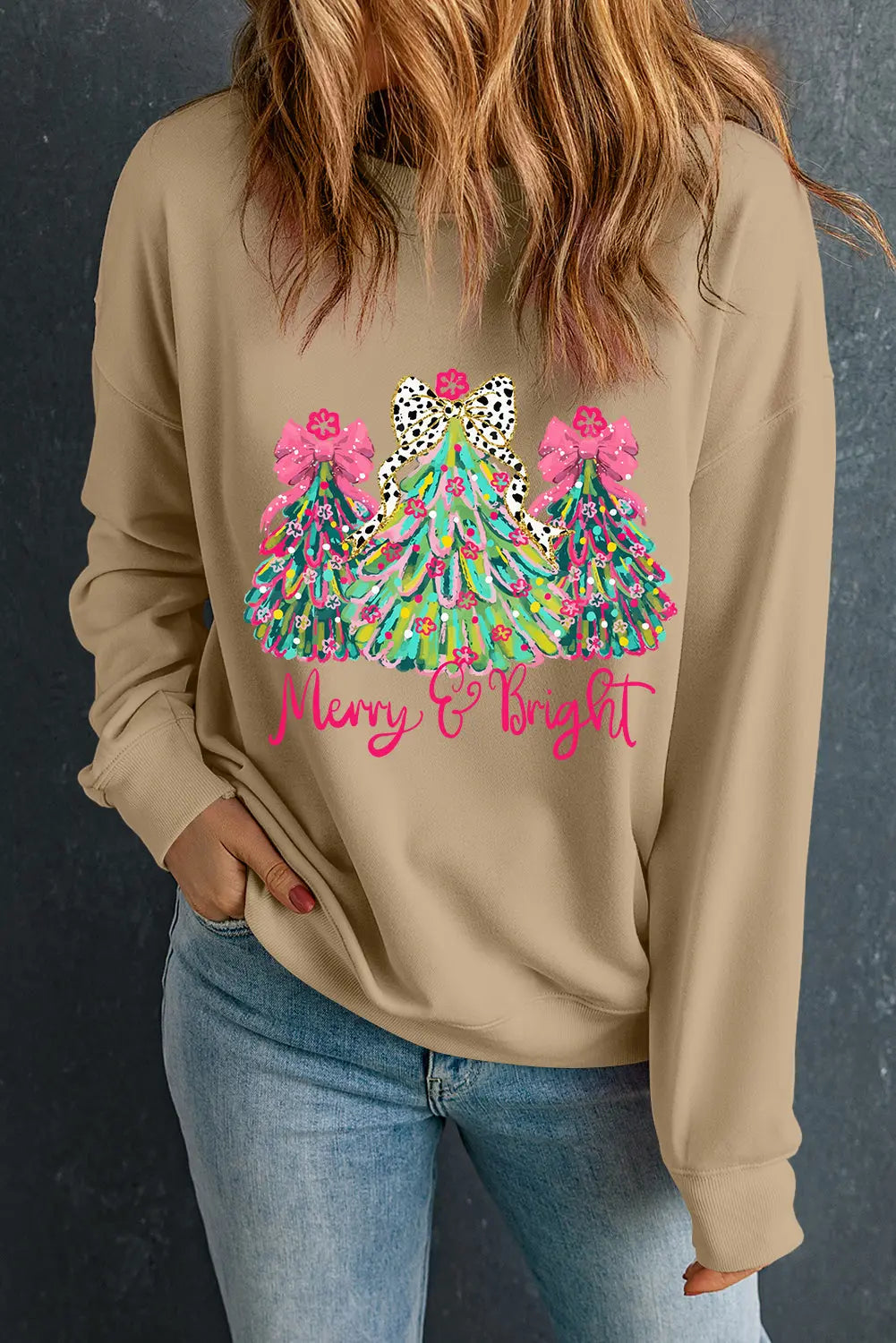 Khaki Merry & Bright Christmas Tree Print Pullover Sweatshirt Dear-Lover Dropshipping