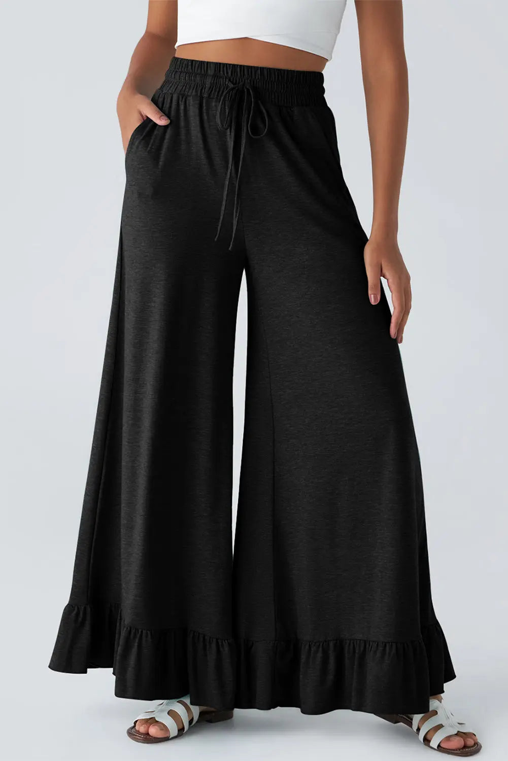 Black Ruffled Wide Leg Pull On High Waist Pants with Pockets Dear-Lover Dropshipping