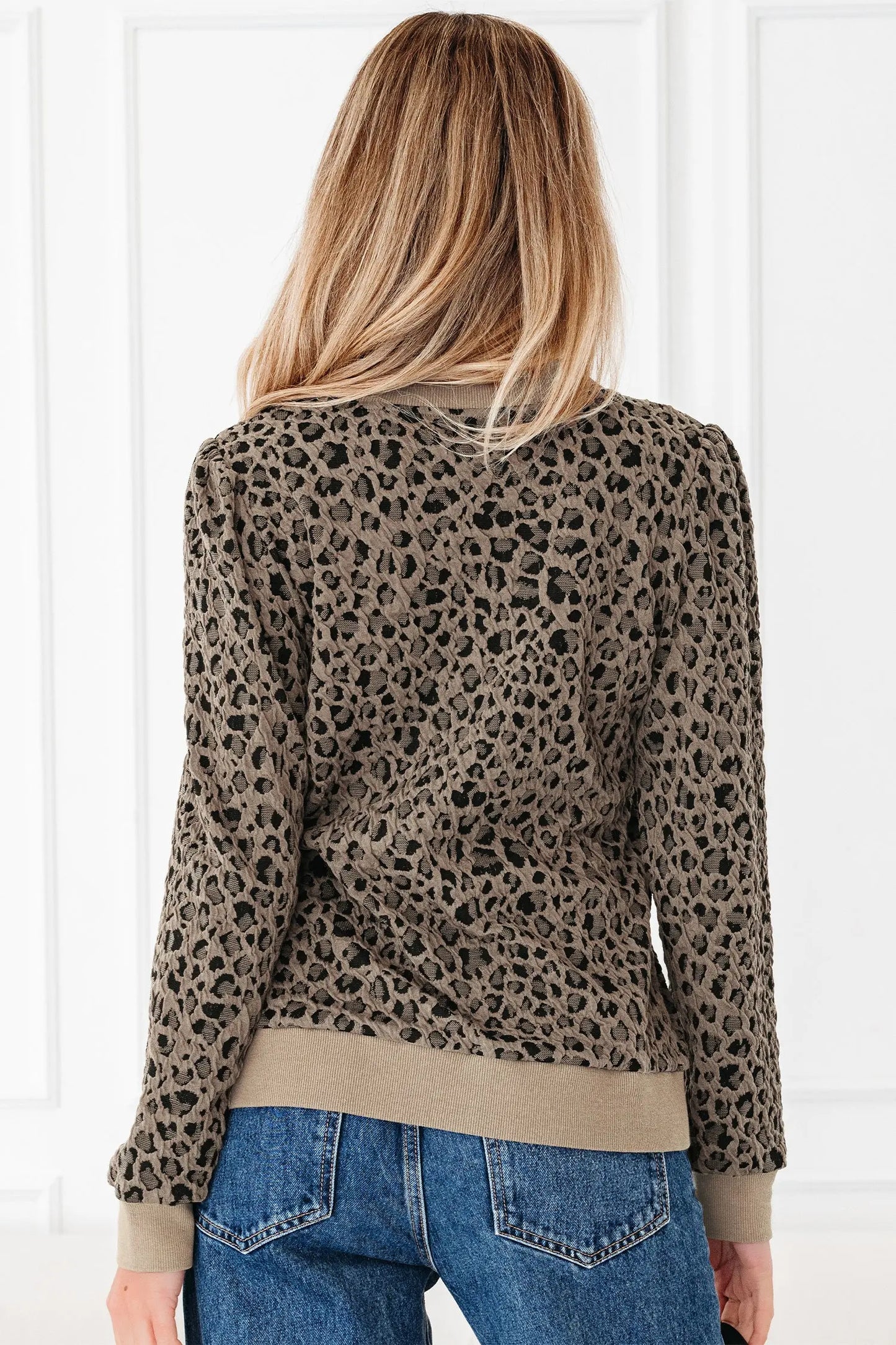 Khaki Ribbed Trim Leopard Print Long Sleeve Top Dear-Lover Dropshipping