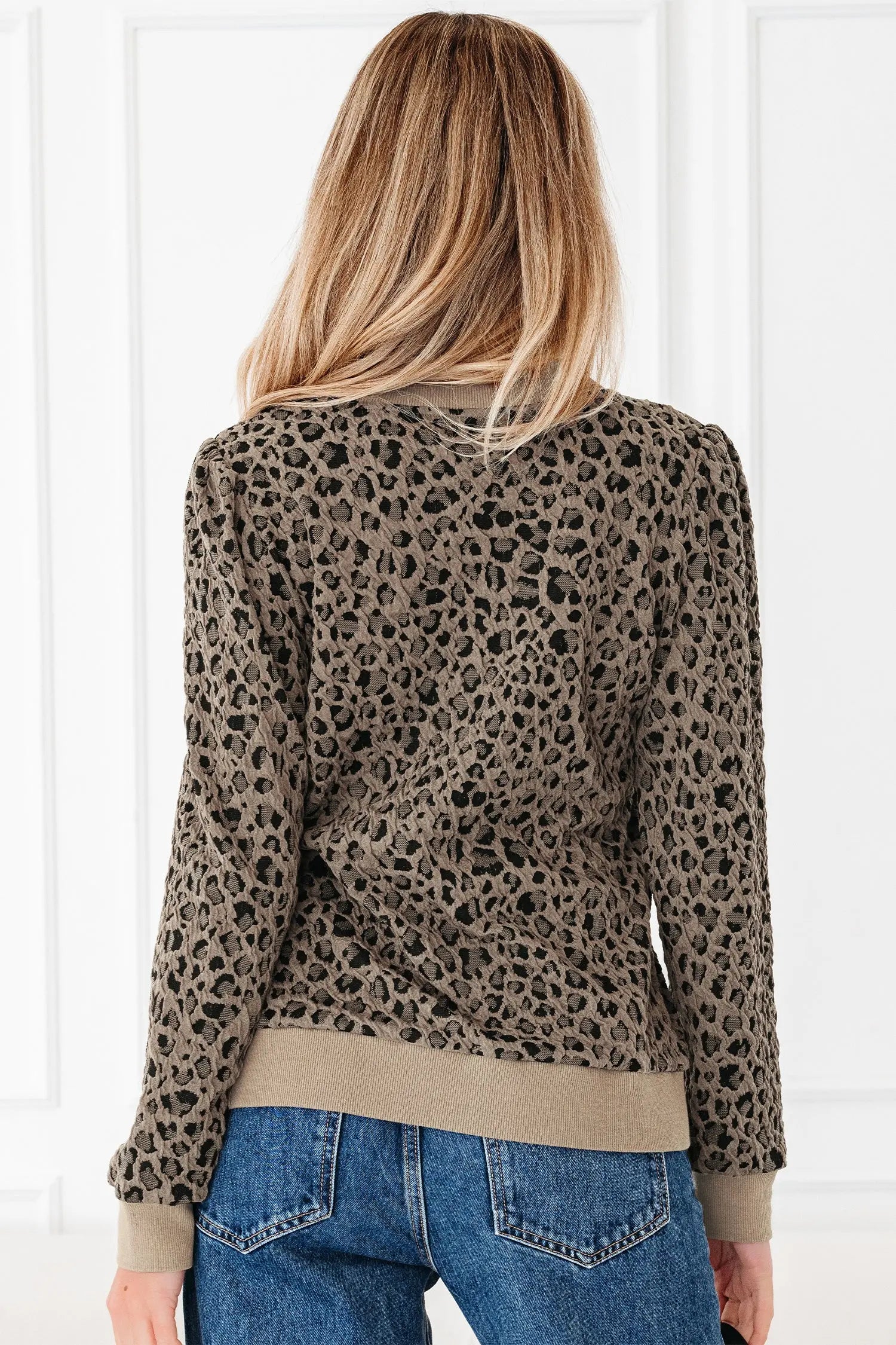 Khaki Ribbed Trim Leopard Print Long Sleeve Top Dear-Lover Dropshipping