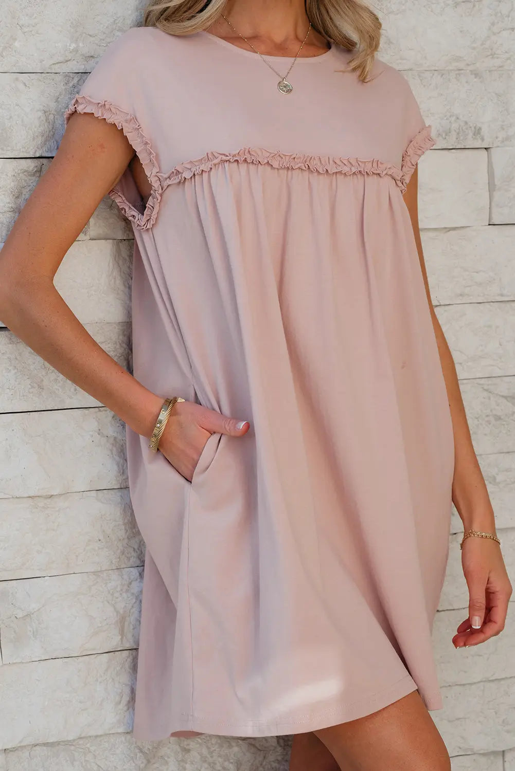 Oatmeal Frilled Trim Crew Neck Loose Fit Mini Dress Dear-Lover Dropshipping