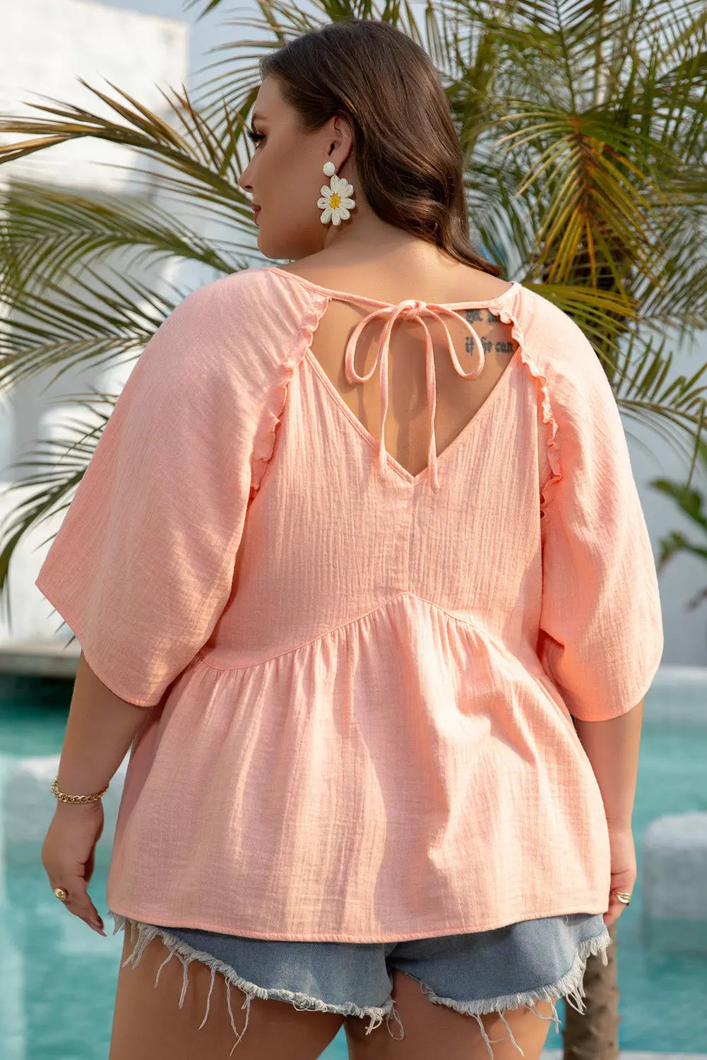 Apricot Pink Plus Size Textured Wide Short Sleeve Babydoll Blouse Dear-Lover Dropshipping