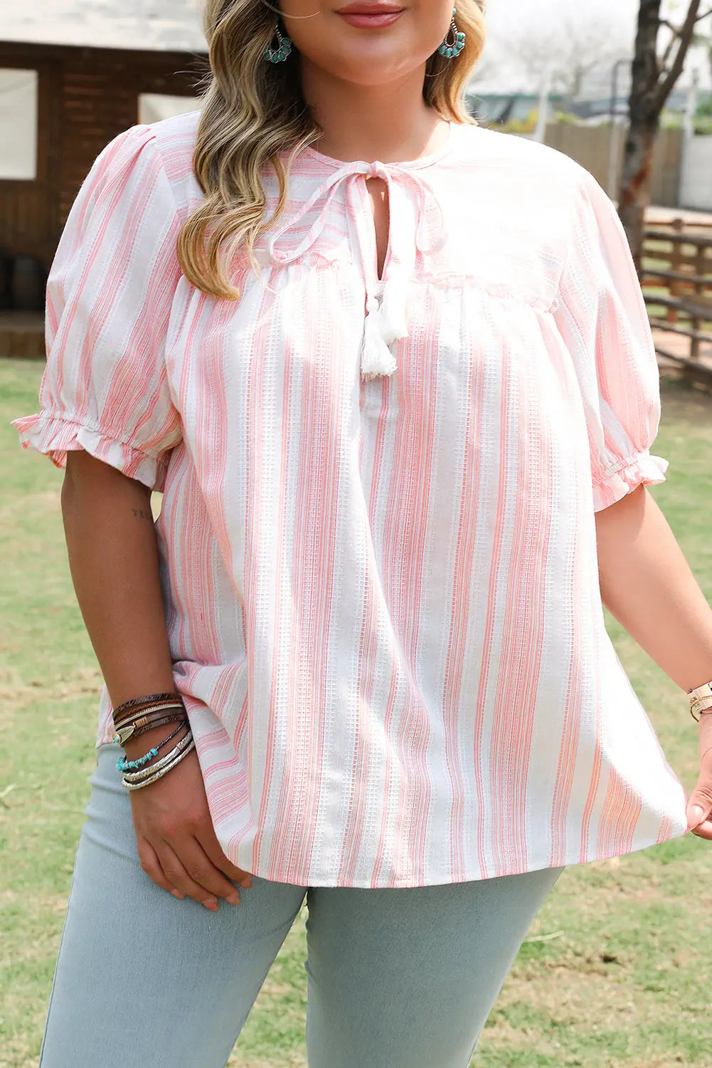 Pink Stripe Plus Size Tassel Tie Frilled Detail Short Sleeve Blouse Dear-Lover Dropshipping
