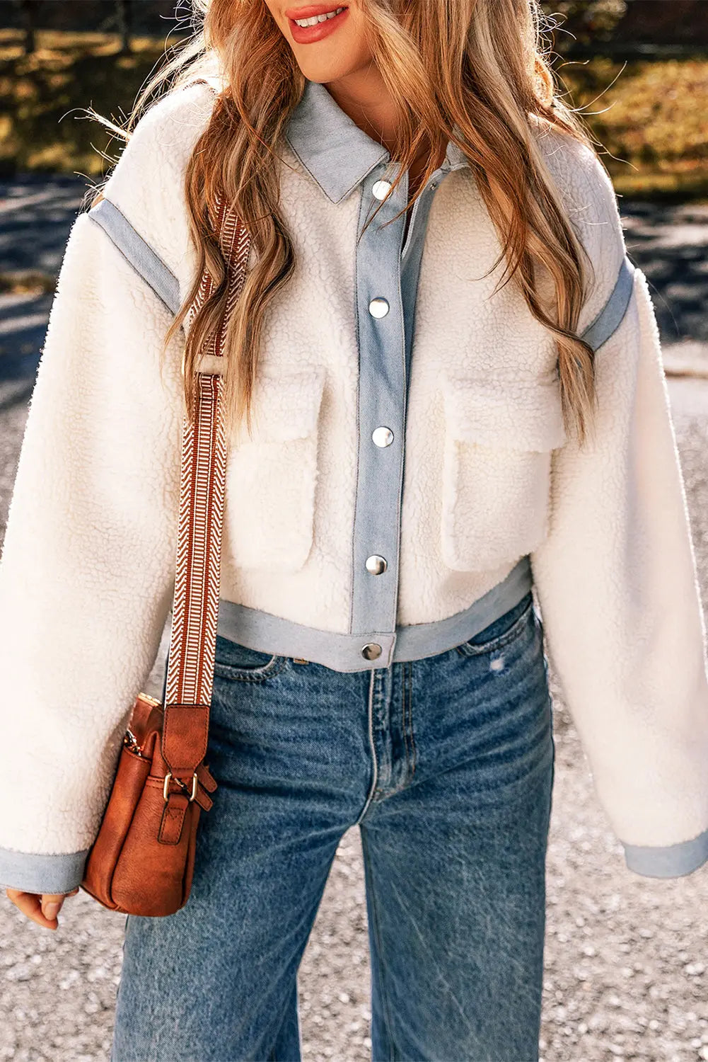 White Contrast Trim Buttoned Sherpa Jacket Dear-Lover Dropshipping