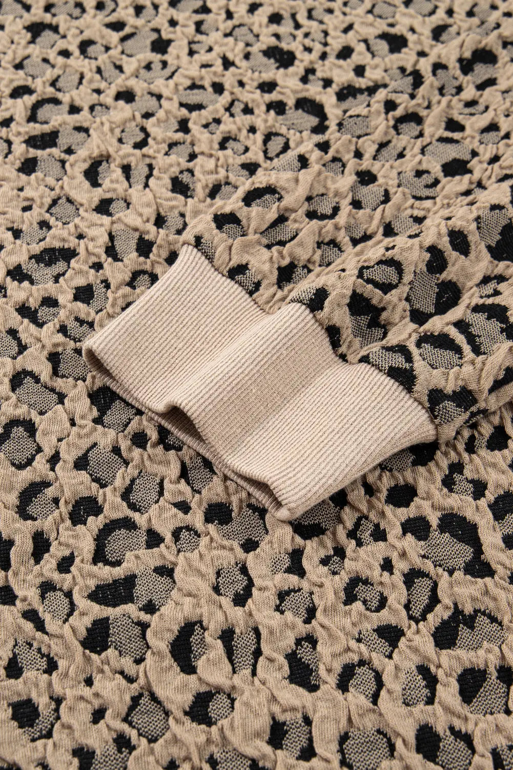 Khaki Leopard Textured Ribbed Trim Plus Size Long Sleeve Top Dear-Lover Dropshipping