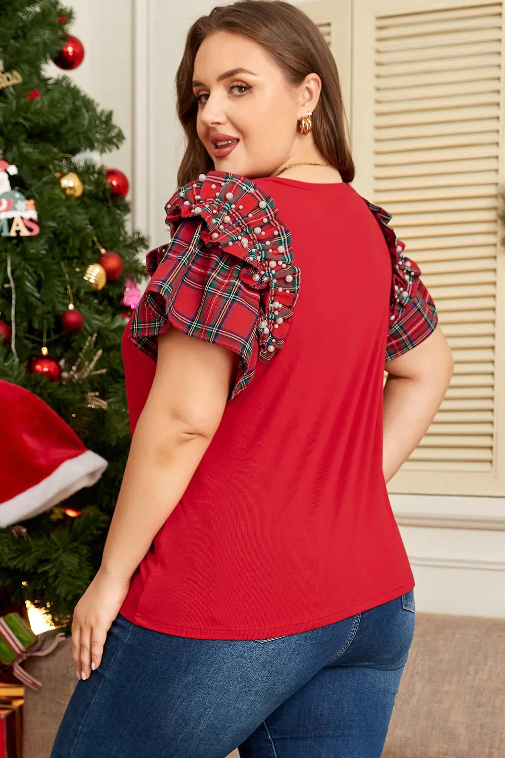Racing Red Plaid Pearl Ruffled Short Sleeve Knitted Christmas Holiday Plus Size T-shirt Dear-Lover Dropshipping