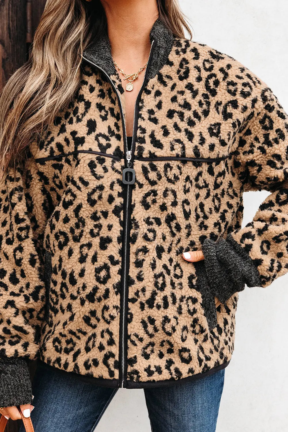 Khaki Leopard Print Zip Up Stand Neck Side Pocket Jacket Dear-Lover Dropshipping