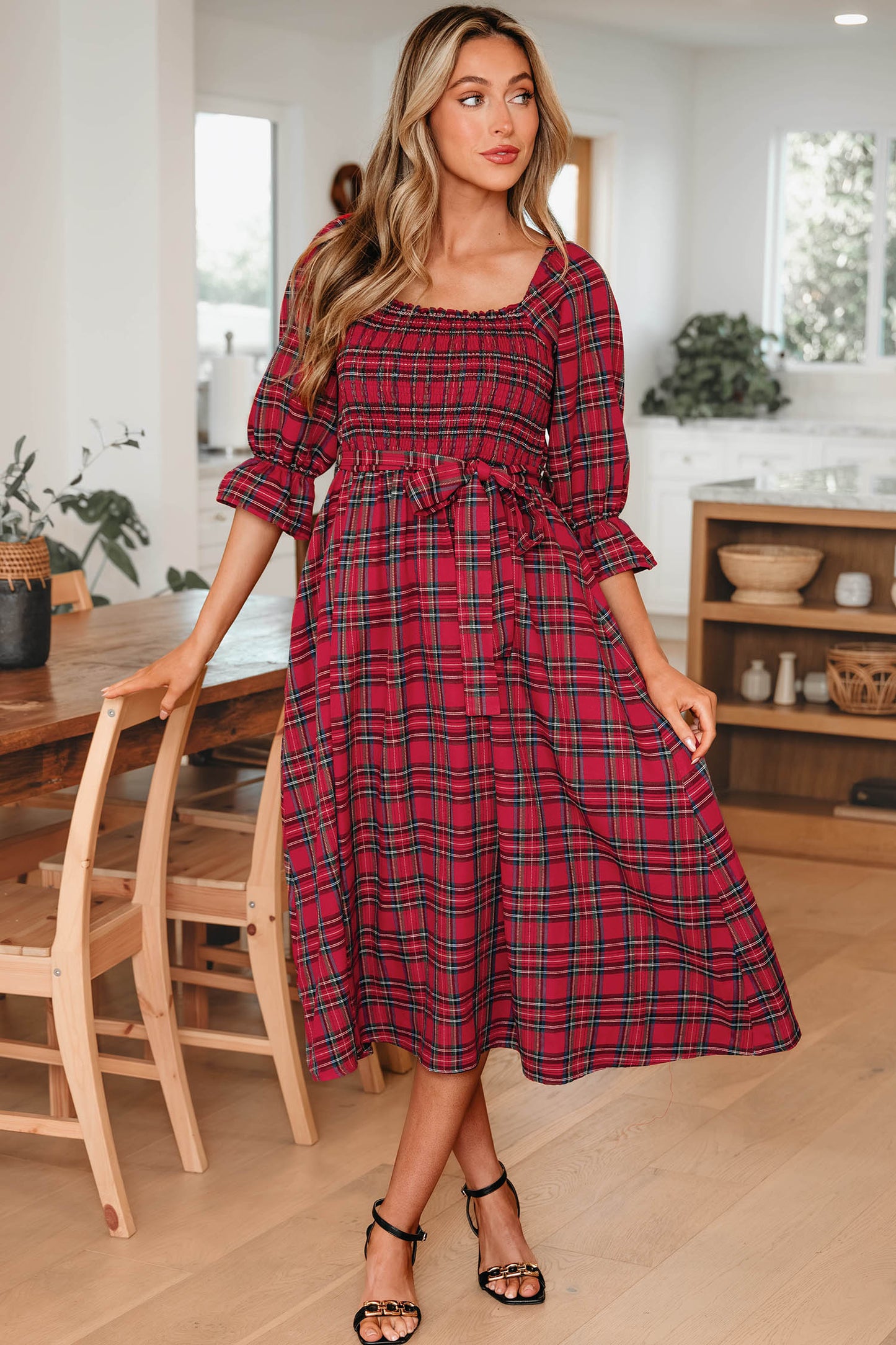 Red Tartan Plaid Square Neck Puff Sleeve Knot Waist Flared Midi Dress
