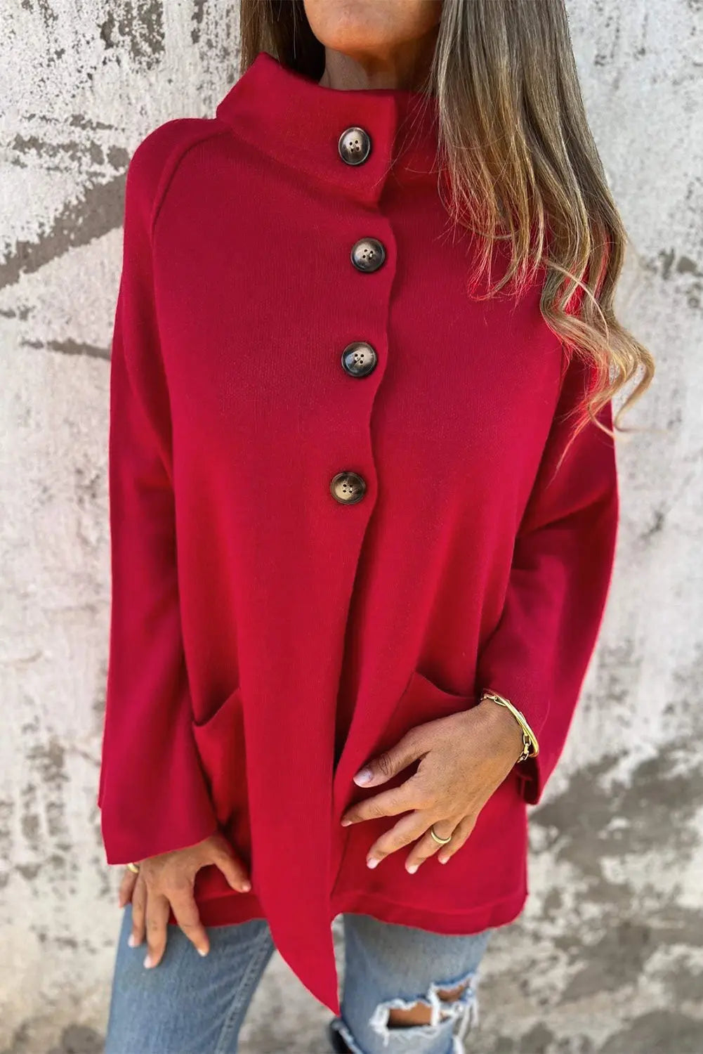 Fiery Red Collared Button Front Wrapped Cardigan Jacket Dear-Lover Dropshipping