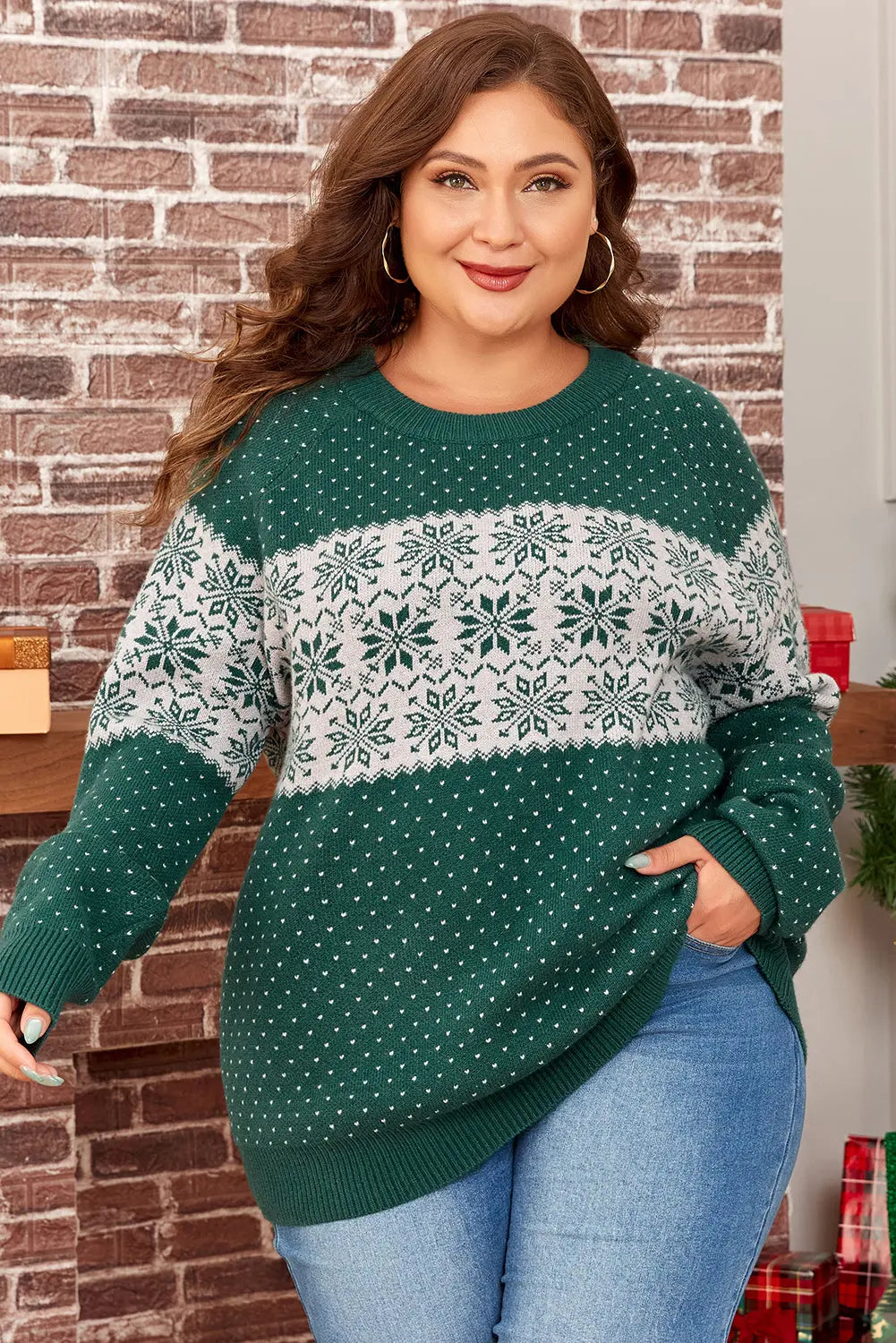Green Christmas Snowflake Pattern Drop Shoulder Plus Size Sweater Dear-Lover Dropshipping