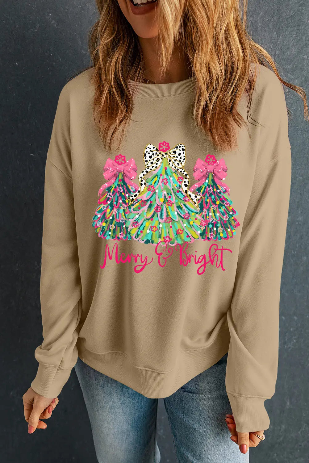Khaki Merry & Bright Christmas Tree Print Pullover Sweatshirt Dear-Lover Dropshipping