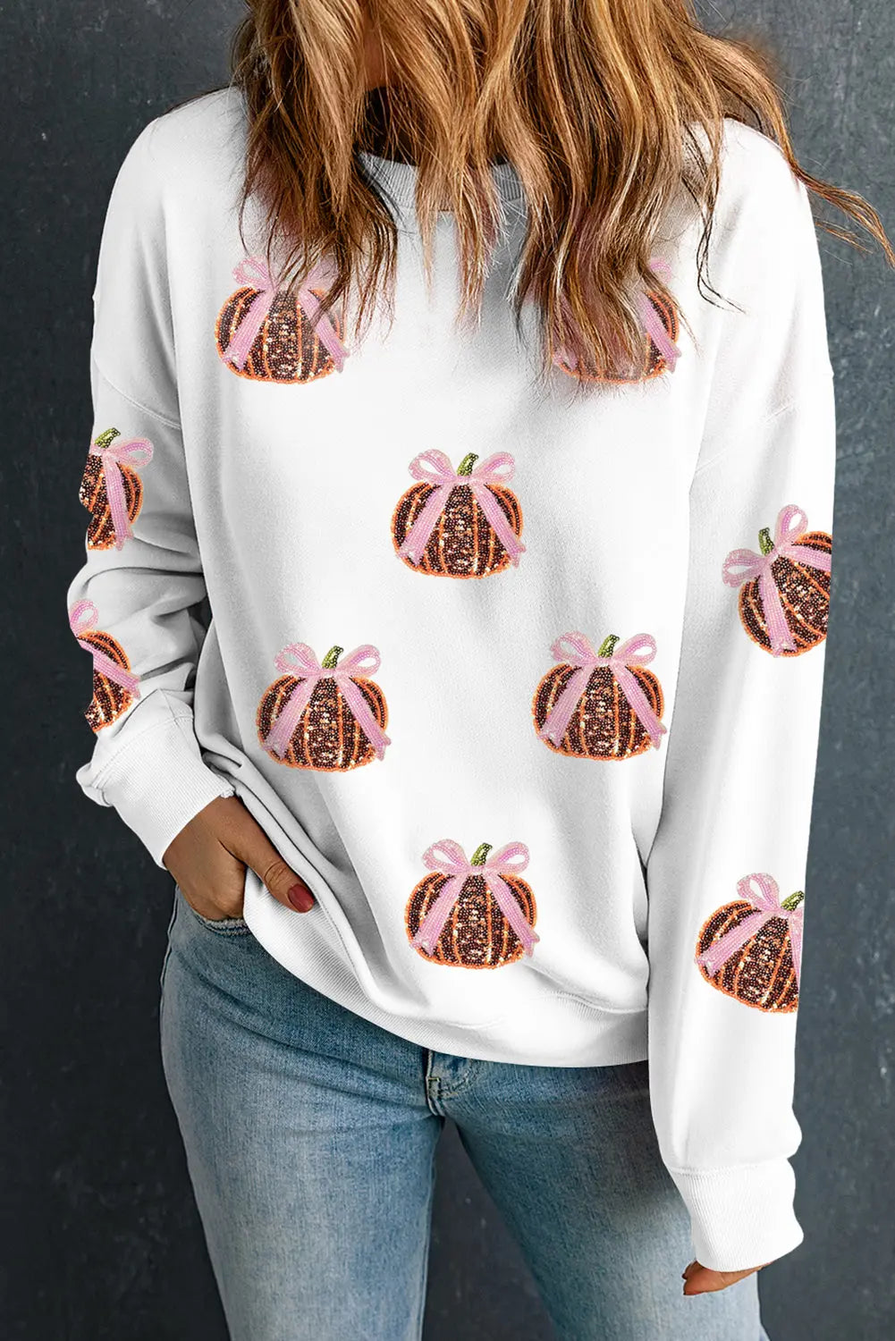 White Sequin Bow Pumpkin Patched Cotton Baggy Sweatshirt Dear-Lover Dropshipping