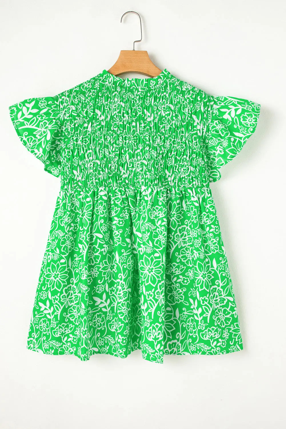 Green Floral Flutter Sleeve Shirred Notched Neck Plus Size Blouse Dear-Lover Dropshipping