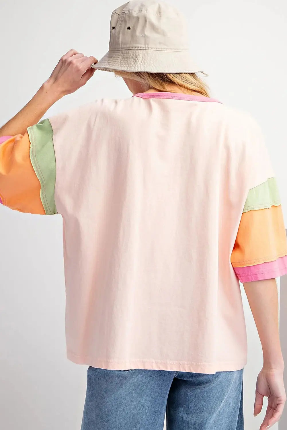 Pink Color Block Stitching Sleeve Round Neck Oversize Top Dear-Lover Dropshipping