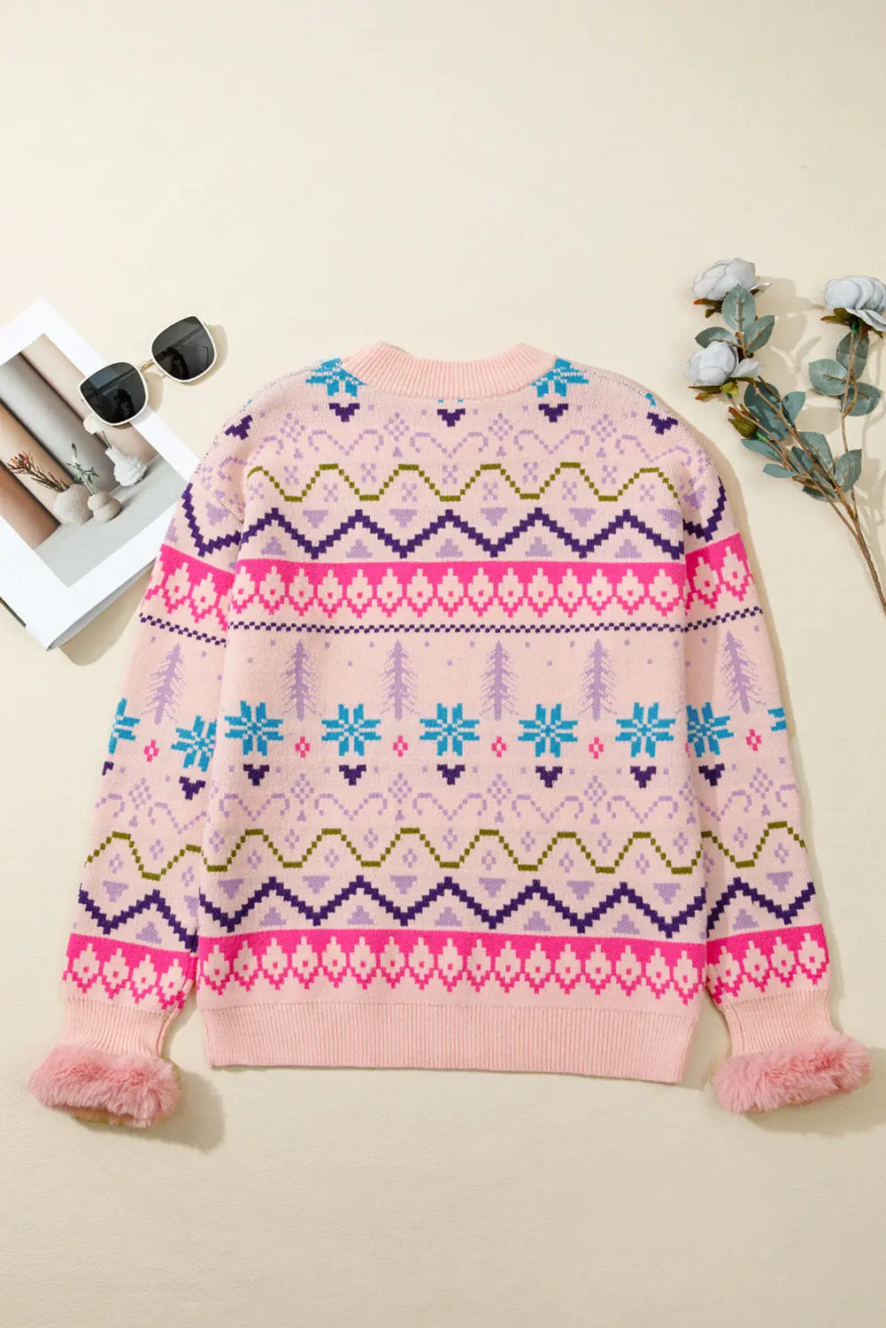 Multicolour Ethnic Christmas Pattern Knit Feather Cuffed Sweater Dear-Lover Dropshipping
