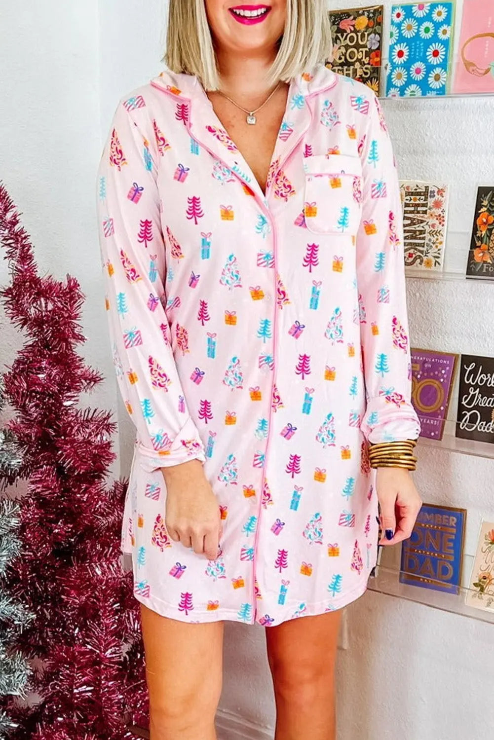 Pink Christmas Twinkle Tree Print Shirt Sleep Dress Dear-Lover Dropshipping