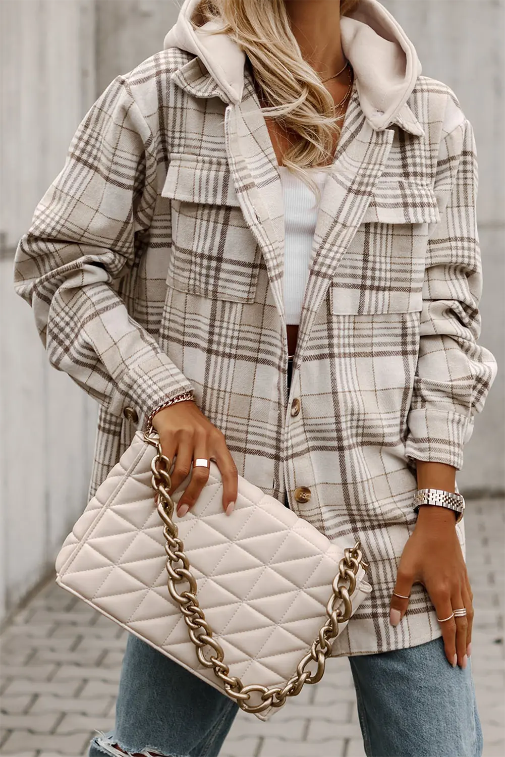 Khaki Plaid Removable Hood Buttoned Shacket Dear-Lover Dropshipping
