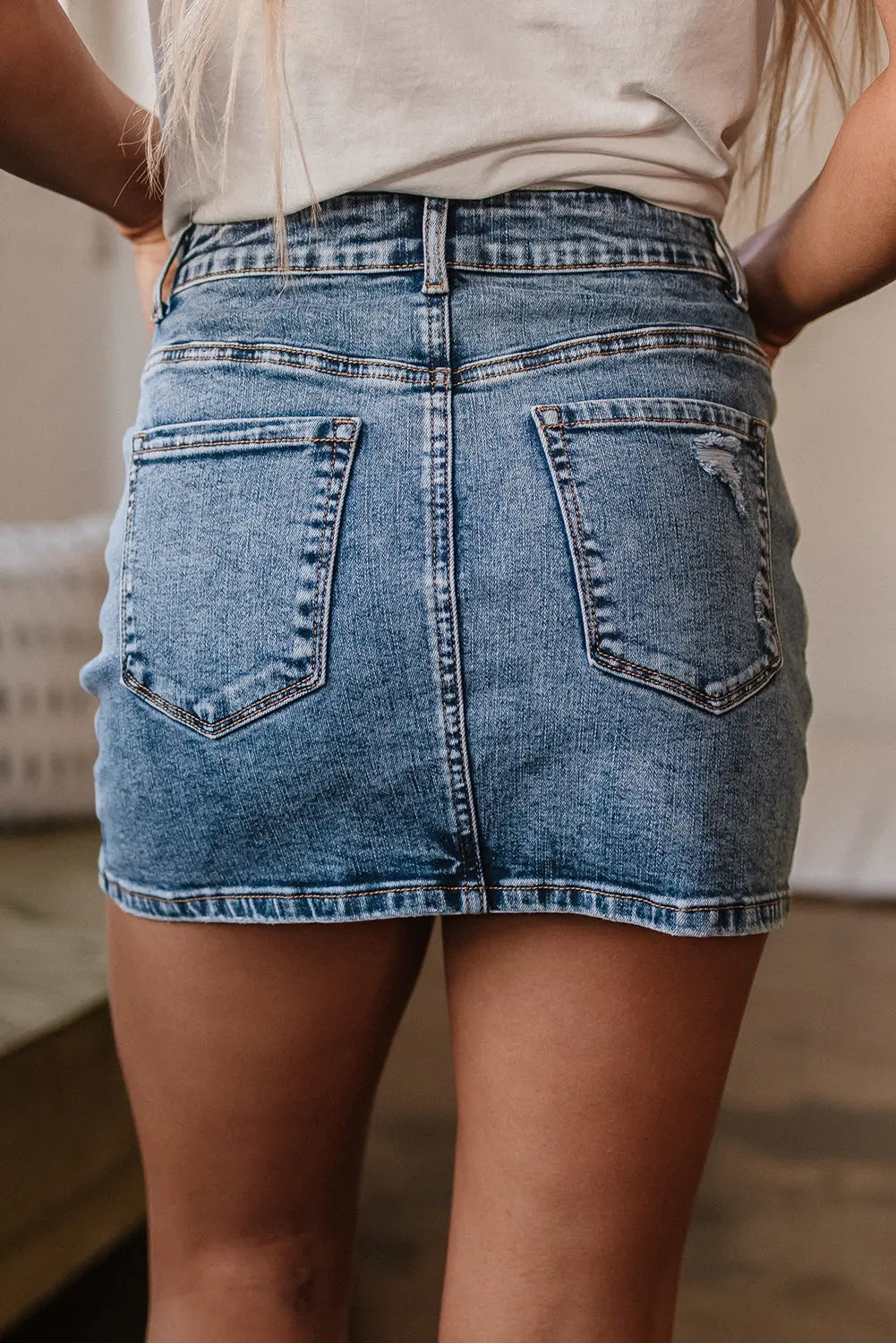 Dusk Blue Rhinestone Distressed Denim High Waist Mini Skirt Dear-Lover Dropshipping