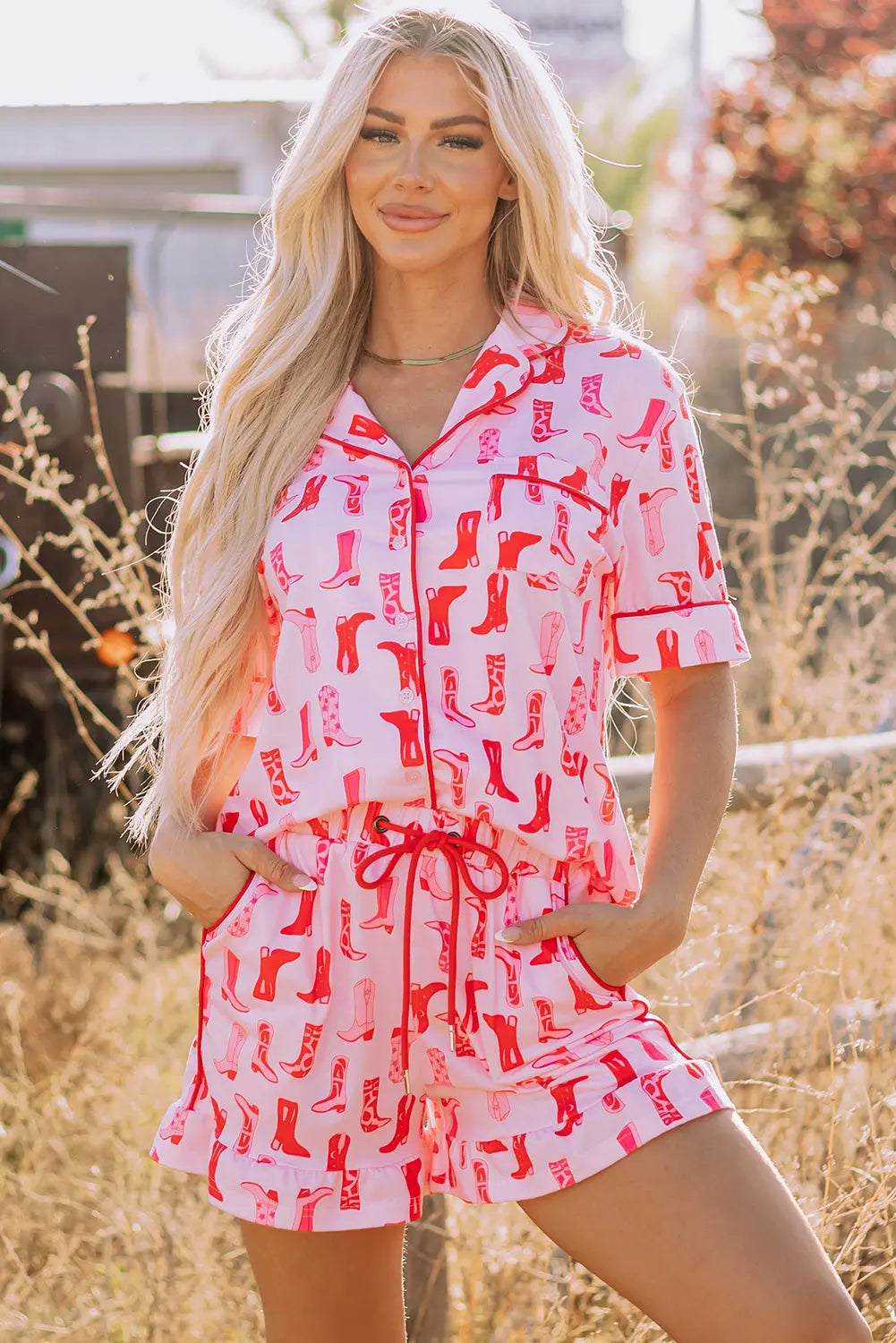 Pink Western Cowgirl Boots Printed Shirt Ruffled Shorts Pajama Set Dear-Lover Dropshipping