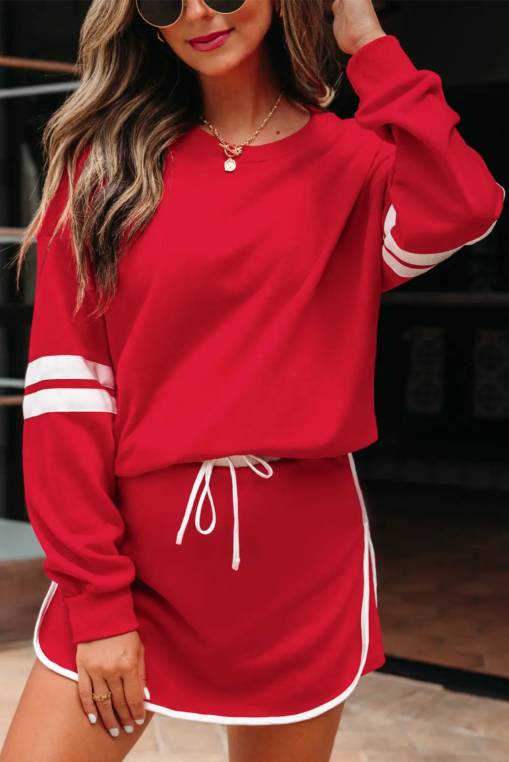 Fiery Red Varsity Stripe Detail Drop Shoulder Pullover Mini Skirt Set Dear-Lover Dropshipping