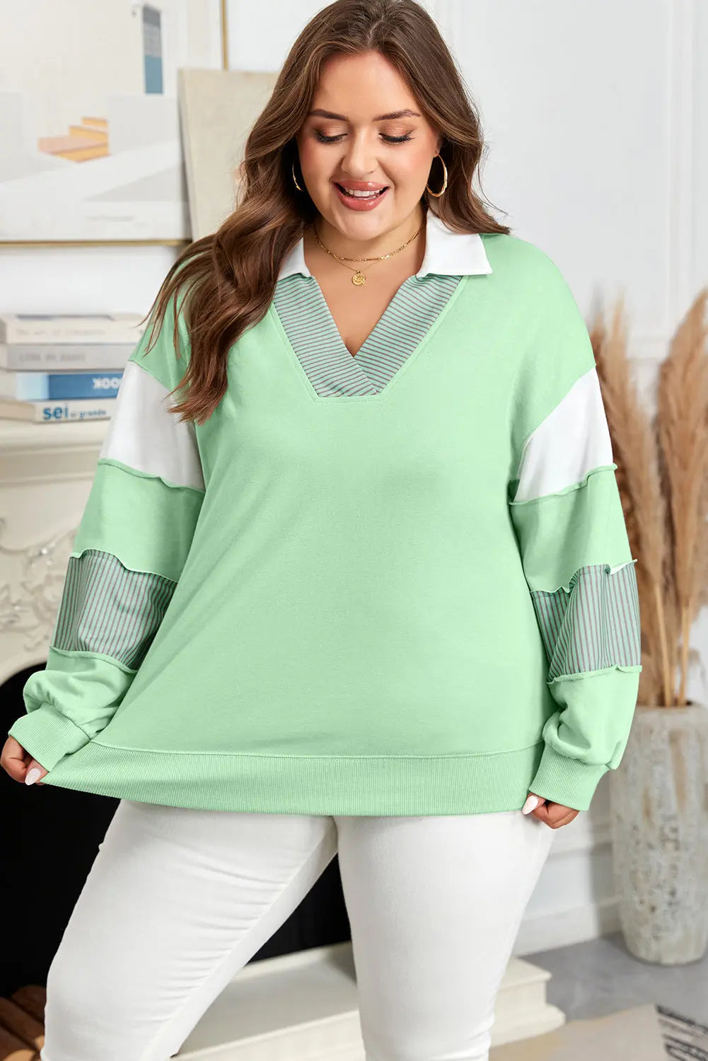 Moonlight Jade Color Block Striped Patchwork Collar V Neck Plus Size Sweatshirt Dear-Lover Dropshipping