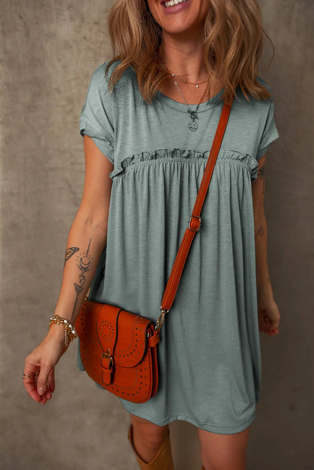 Mist Green Frilled Gathered Seam Round Neck T Shirt Dress Dear-Lover Dropshipping