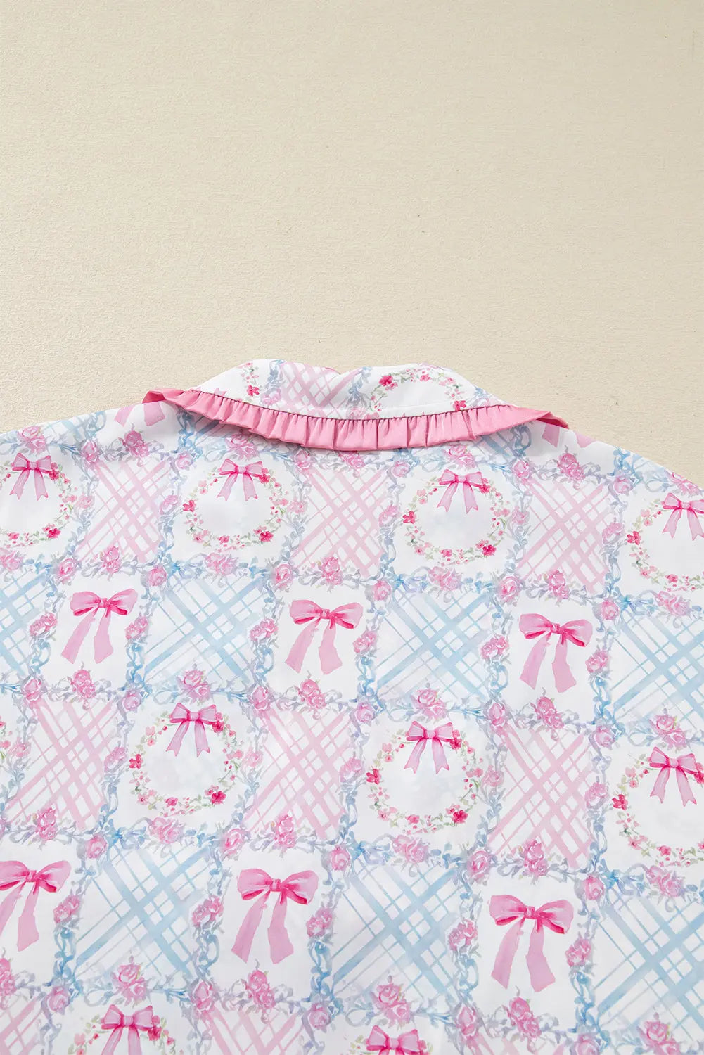 Pink Bow Wreath Pattern Christmas Holiday Tied Front Long Sleeve 2pcs Pajama Set Dear-Lover Dropshipping