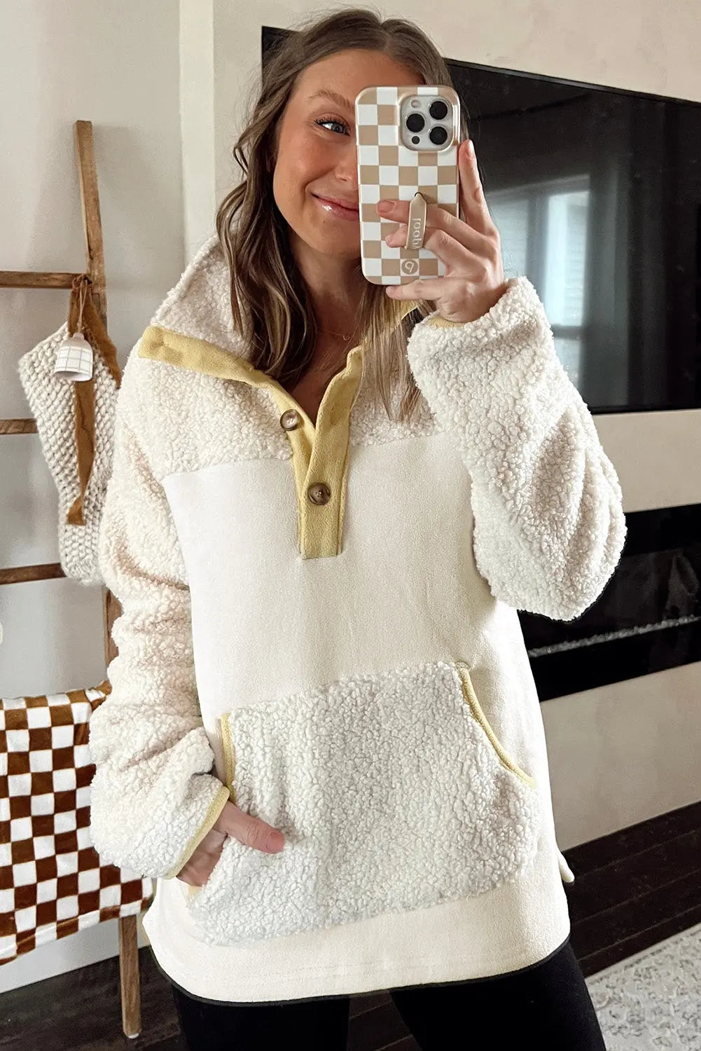 Beige Fleece Colorblock Trim Buttons Collar Sweatshirt with Pocket Dear-Lover Dropshipping