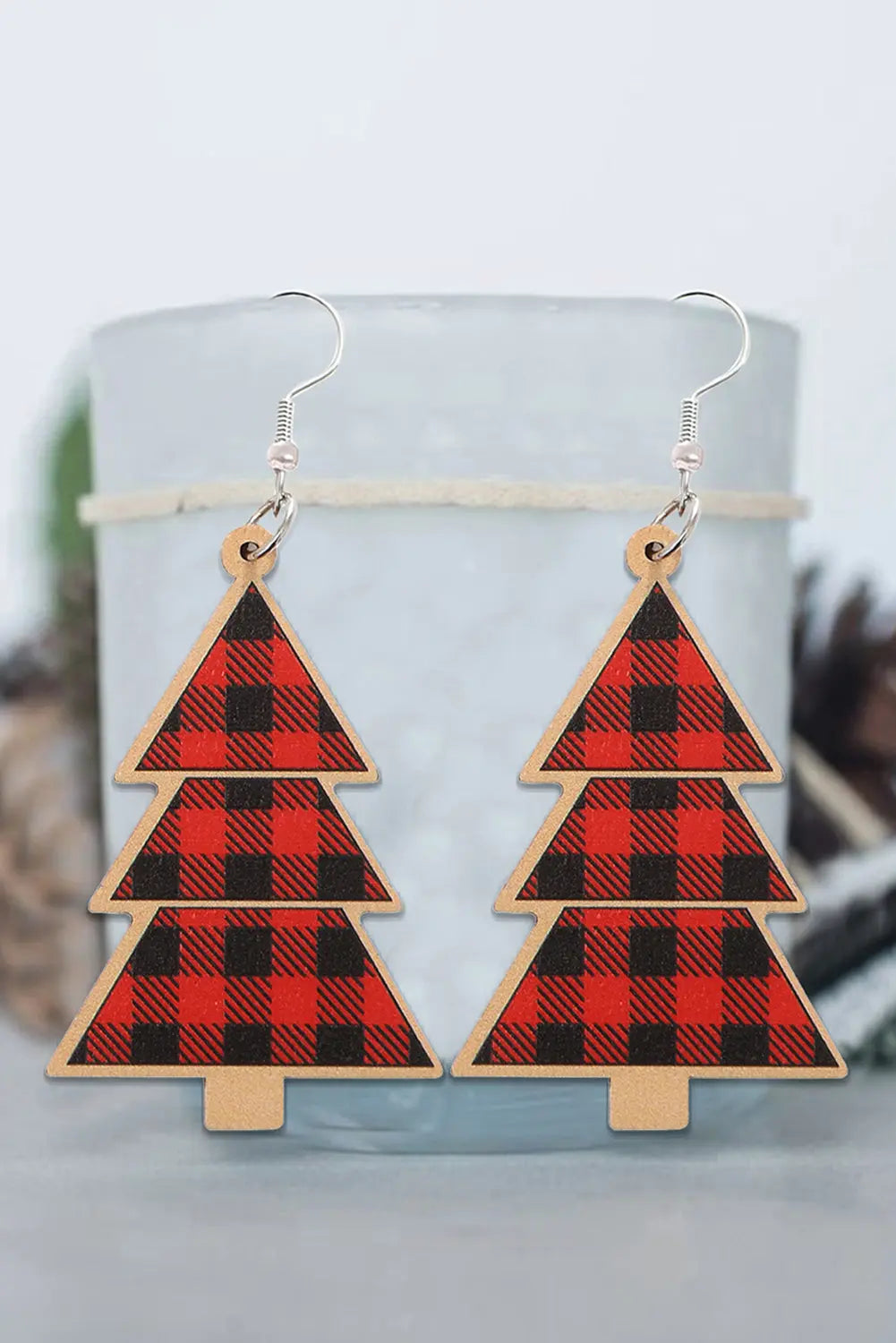Red Plaid Christmas Tree Wooden Pendant Earrings Dear-Lover Dropshipping