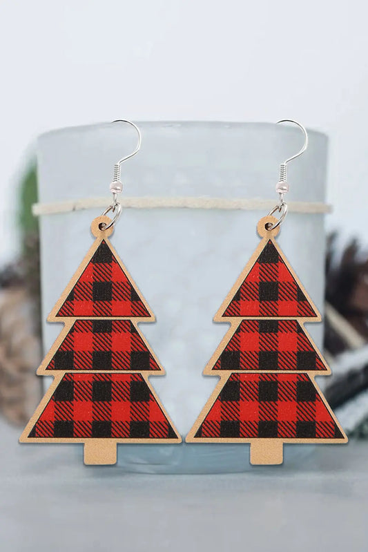 Red Plaid Christmas Tree Wooden Pendant Earrings Dear-Lover Dropshipping