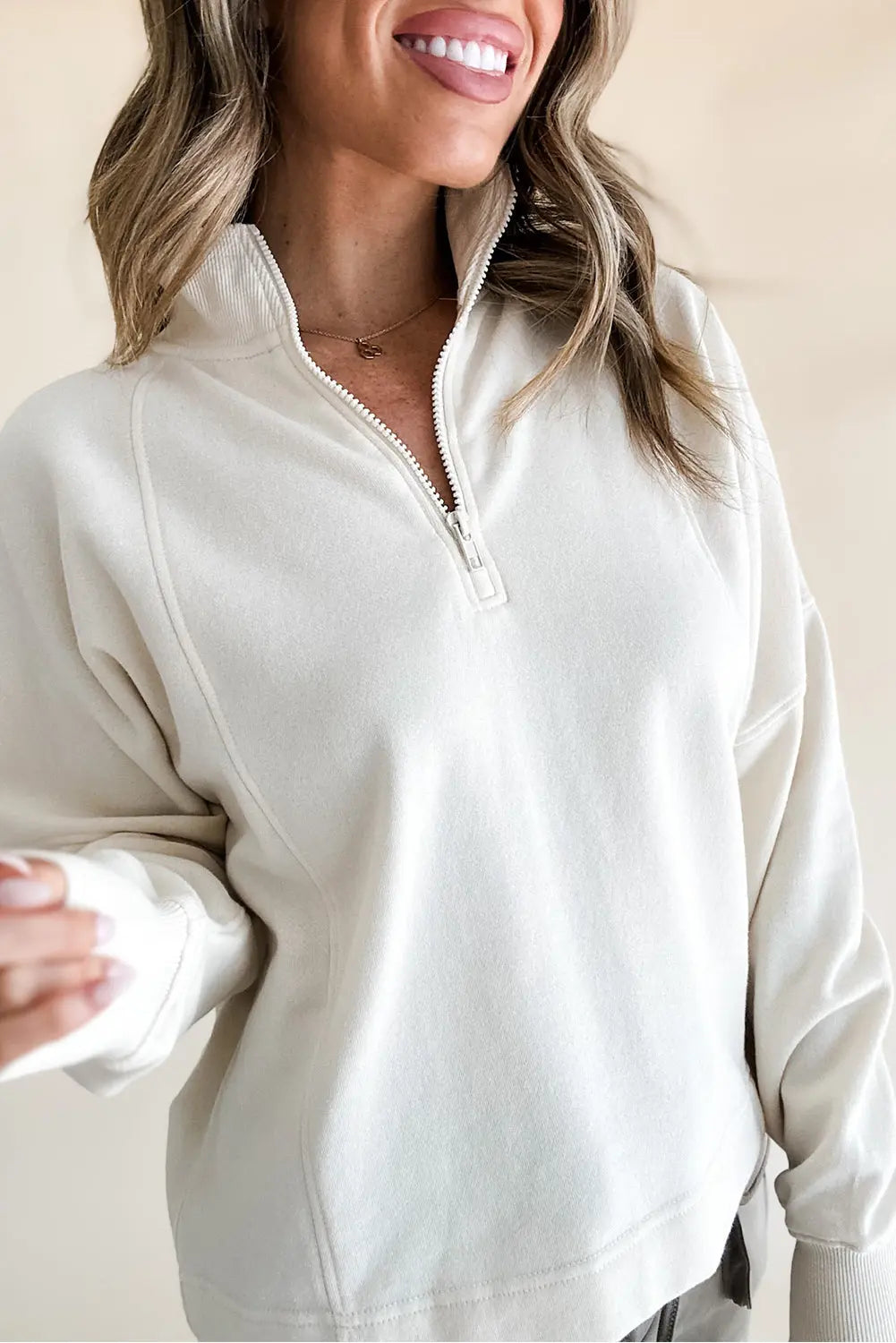 White Zipped Neck Pullover Drop Shoulder Sweatshirt Dear-Lover Dropshipping