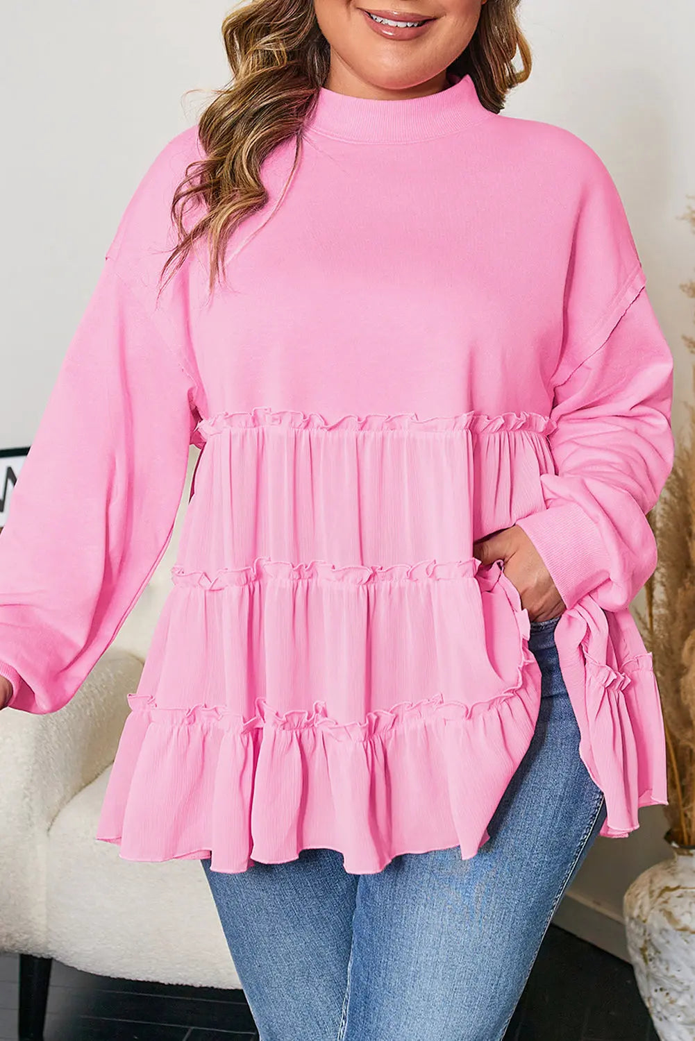 Pink Tiered Ruffle Ribbed Crew Neck Pullover Plus Size Top Dear-Lover Dropshipping