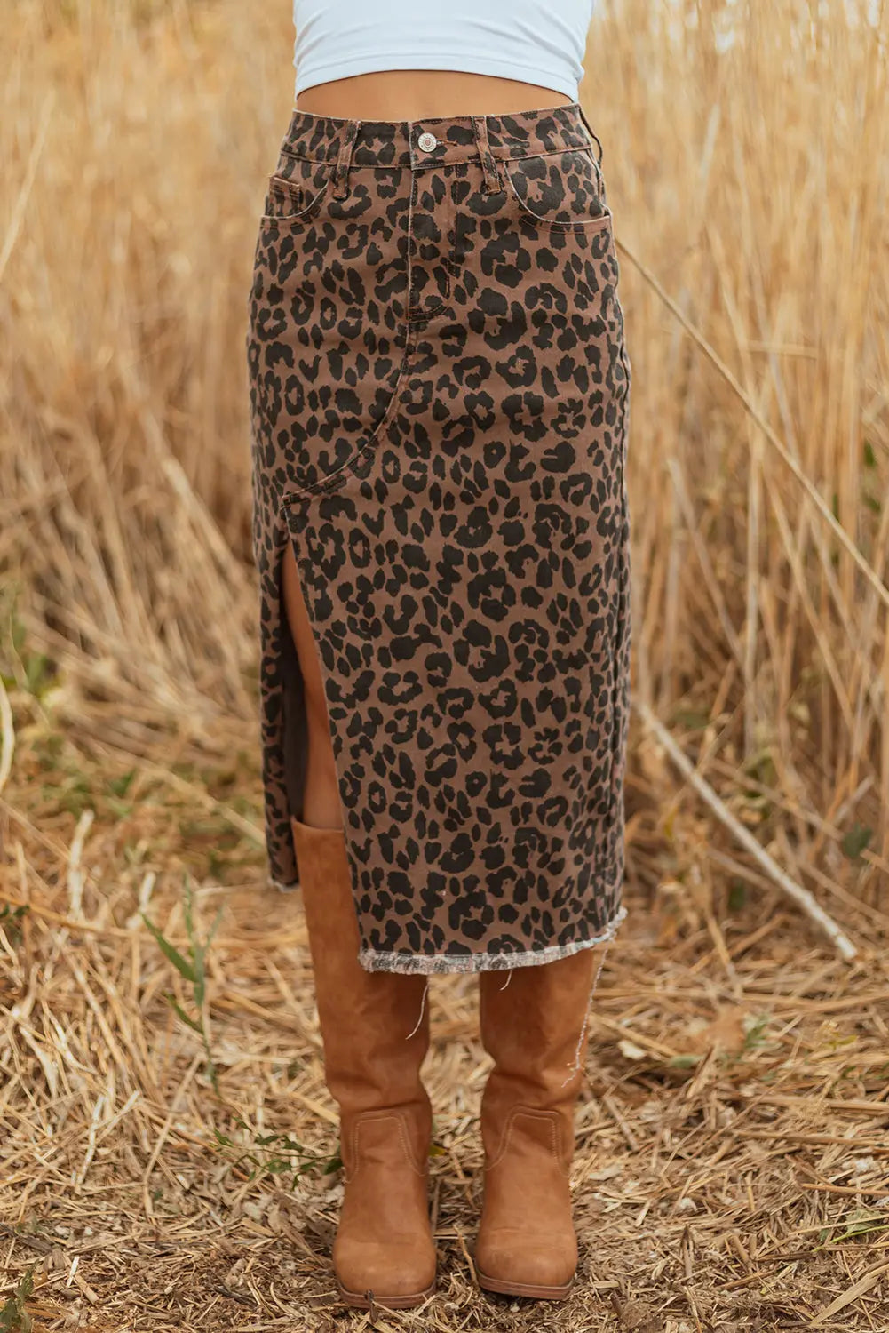 Brown Leopard Denim Frayed Split Denim Midi Skirt Dear-Lover Dropshipping