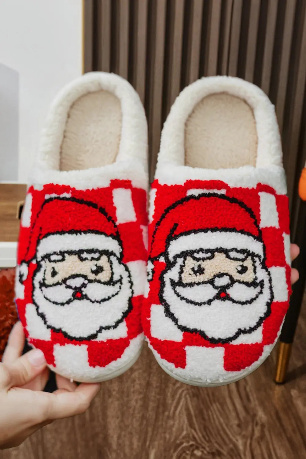 Fiery Red Checkered Santa Claus Graphic Plush Home Slippers Dear-Lover Dropshipping
