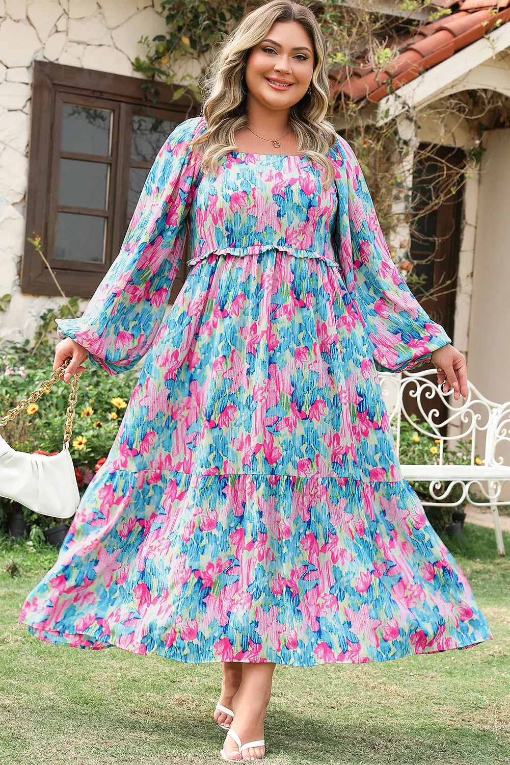 Sky Blue Floral Allover Print Shirred Square Neck Plus Size Maxi Dress Dear-Lover Dropshipping