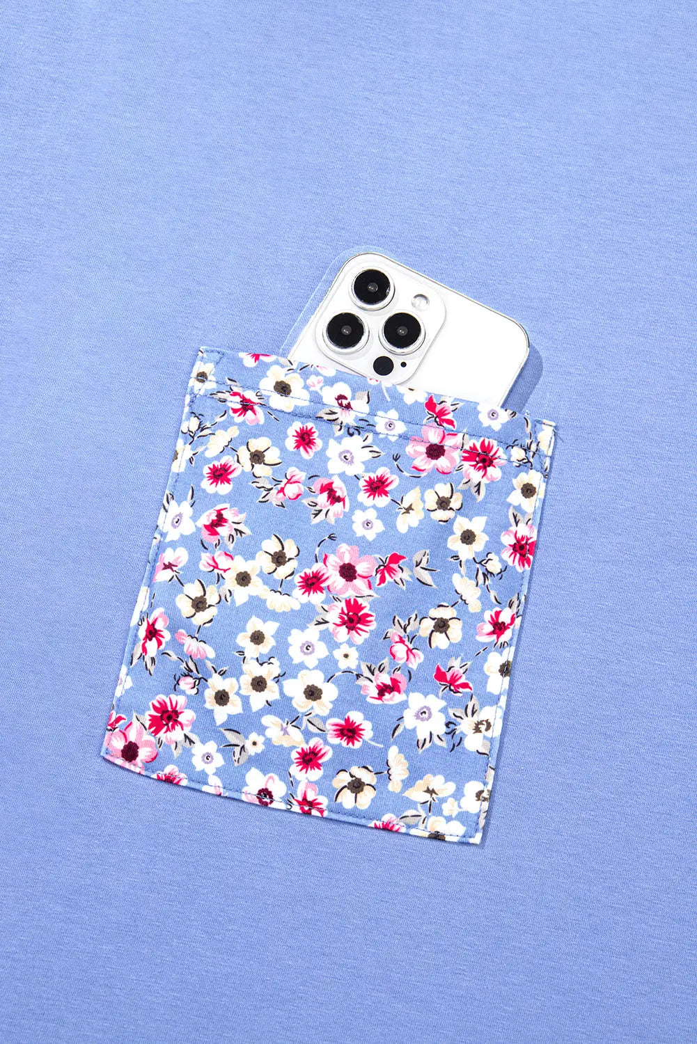 Sky Blue Floral Patchwork Chest Pocket Crewneck Plus Size T Shirt Dear-Lover Dropshipping