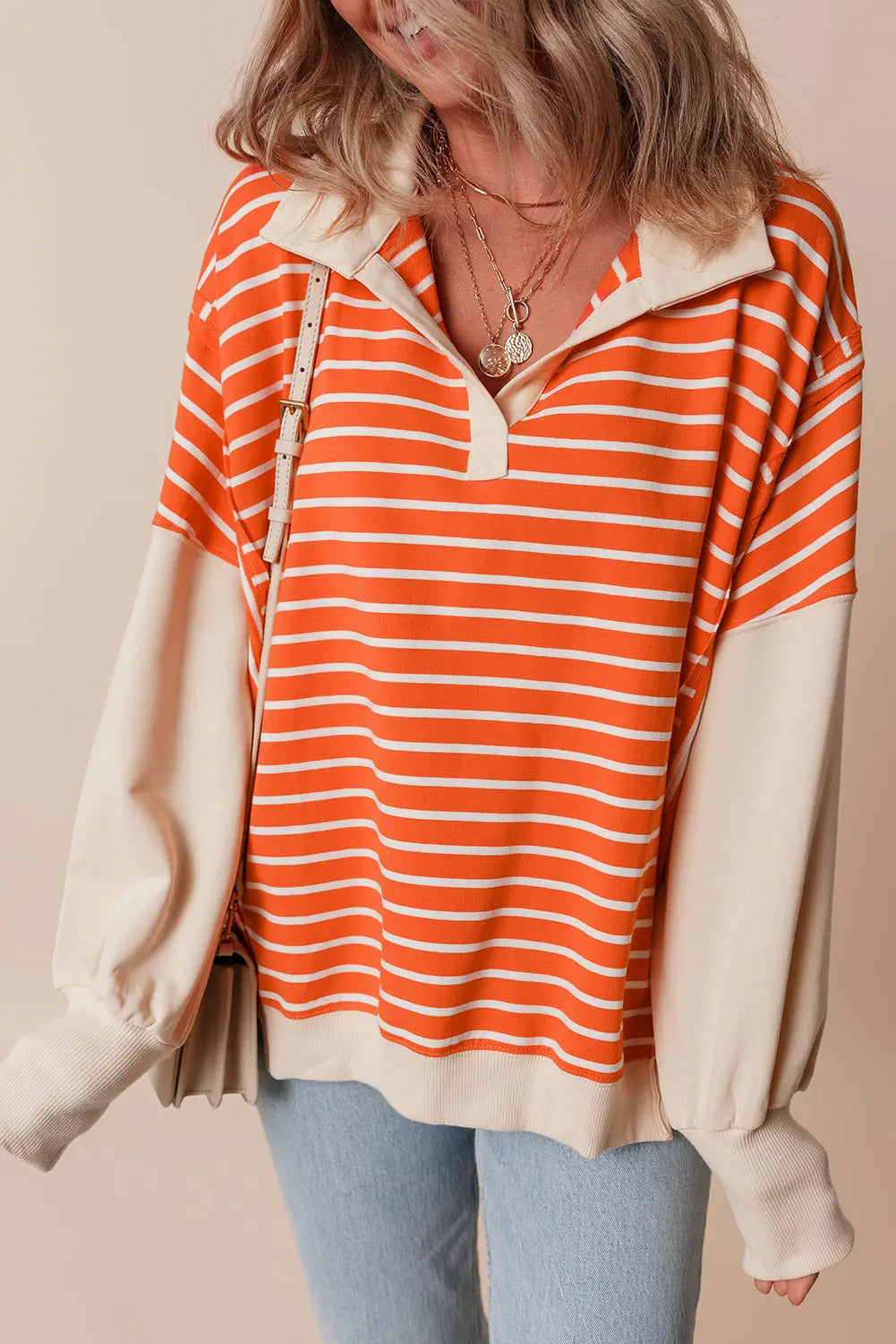 Orange Stripe Color Block Loose Fit Collared Drop Shoulder Sweatshirt Dear-Lover Dropshipping