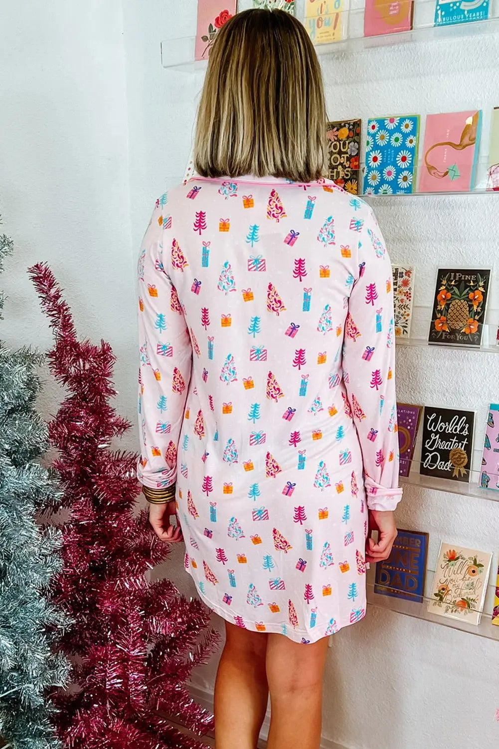Pink Christmas Twinkle Tree Print Shirt Sleep Dress Dear-Lover Dropshipping