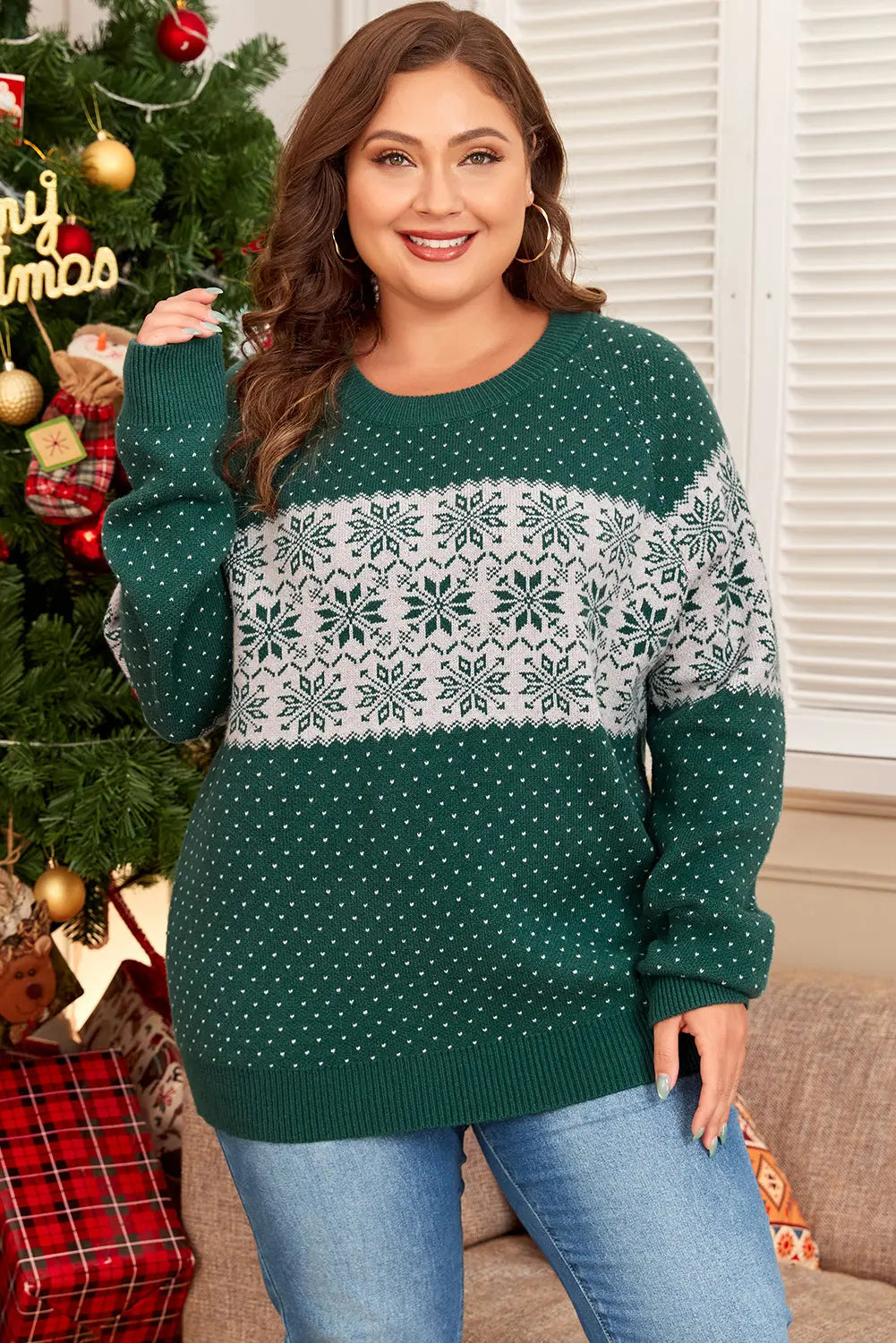 Green Christmas Snowflake Pattern Drop Shoulder Plus Size Sweater Dear-Lover Dropshipping