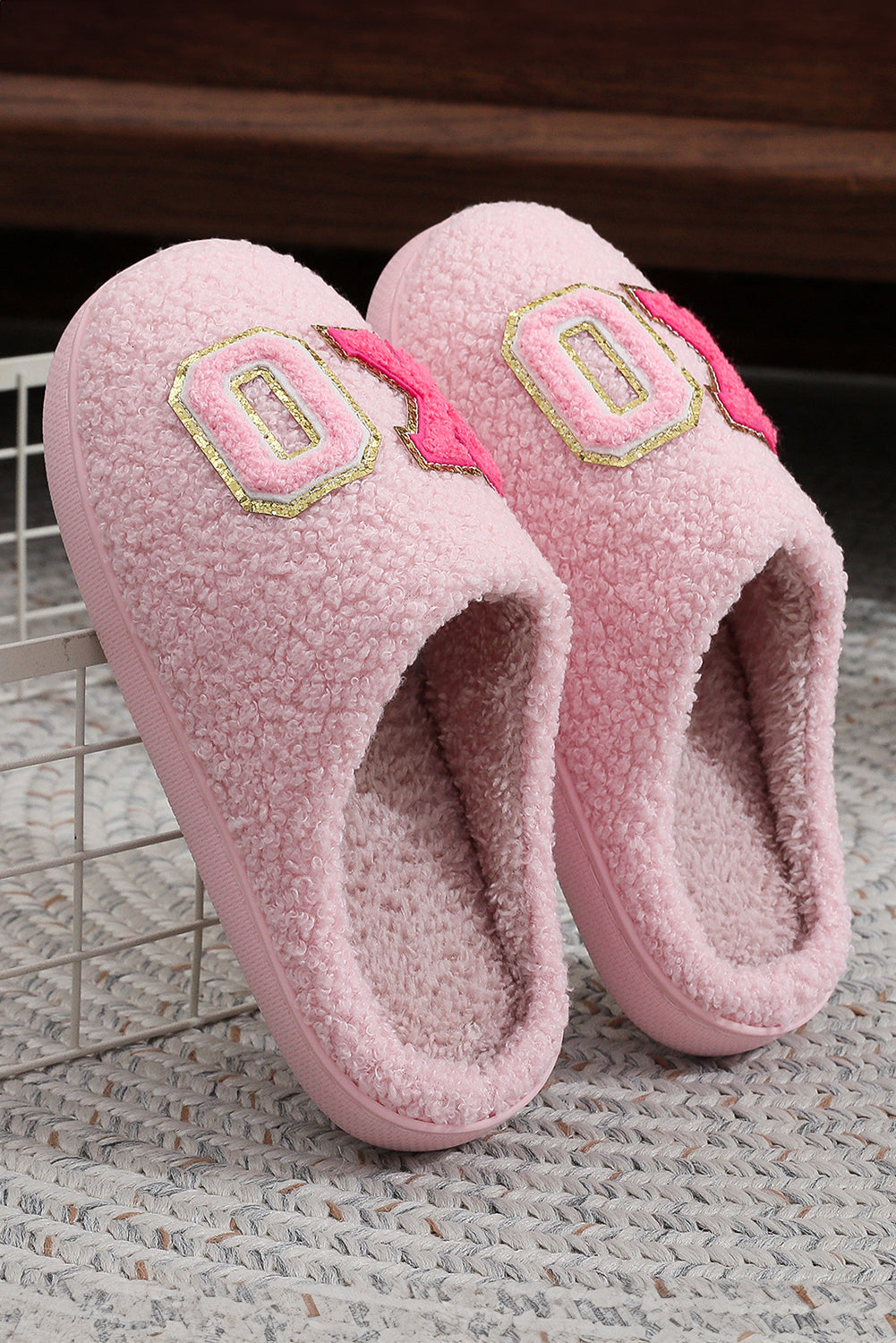 Pink XO XO Glitter Trim Letter Patched Plush House Slippers