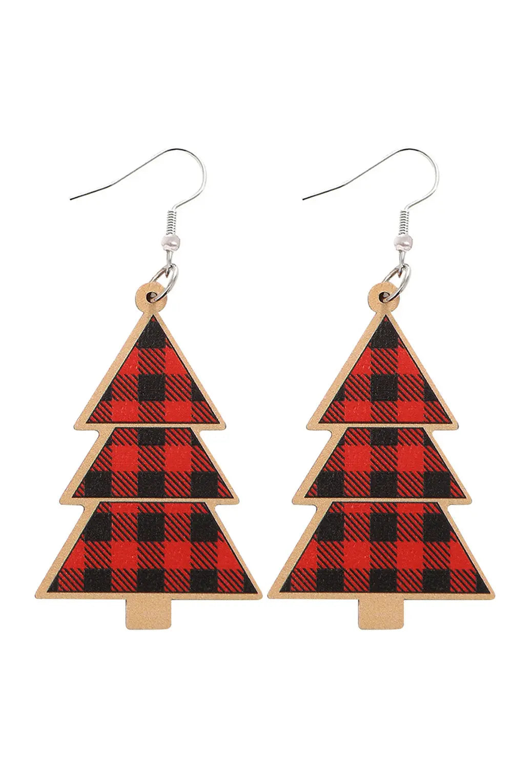 Red Plaid Christmas Tree Wooden Pendant Earrings Dear-Lover Dropshipping