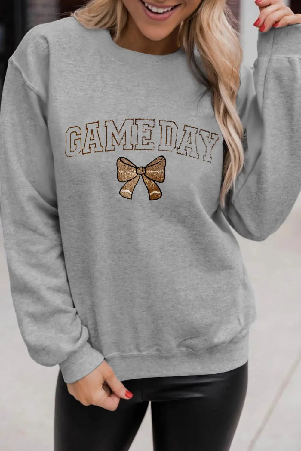 Gray GAME DAY Rugby Bow Embroidered Casual Sweatshirt Dear-Lover Dropshipping