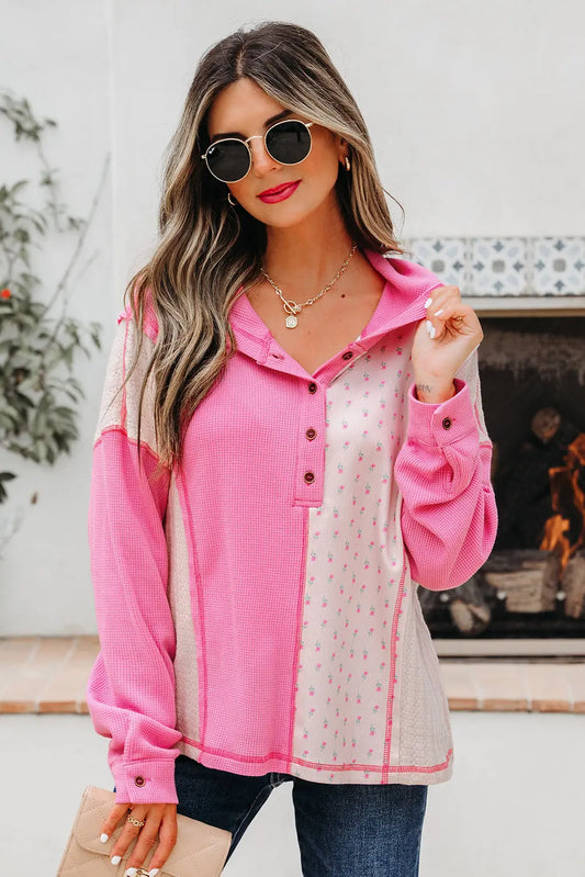 Pink Mixed Texture Waffle Floral Patchwork Hooded Oversize Pullover Dear-Lover Dropshipping