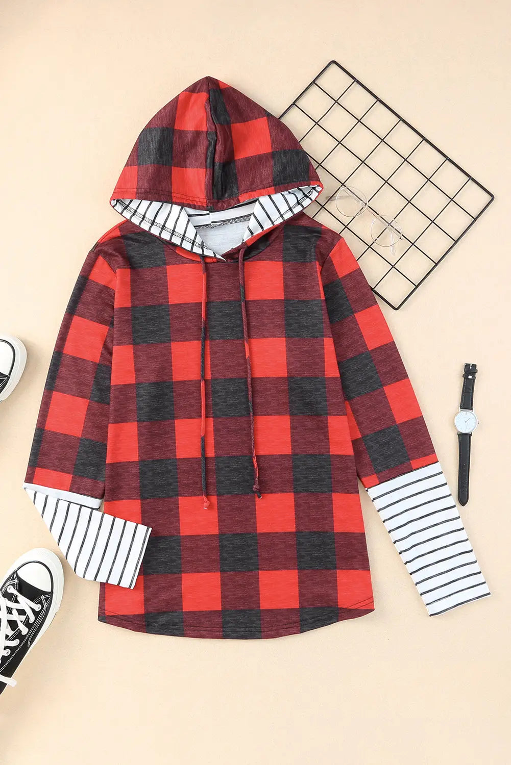 Fiery Red Christmas Plaid Striped Patchwork Drawstring Hoodie Dear-Lover Dropshipping