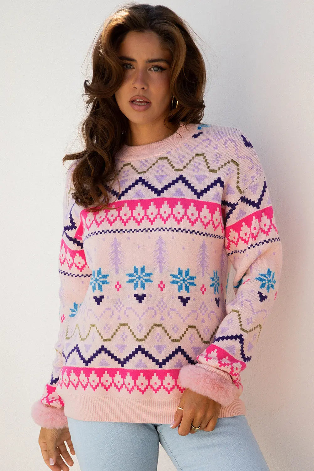 Multicolour Ethnic Christmas Pattern Knit Feather Cuffed Sweater Dear-Lover Dropshipping