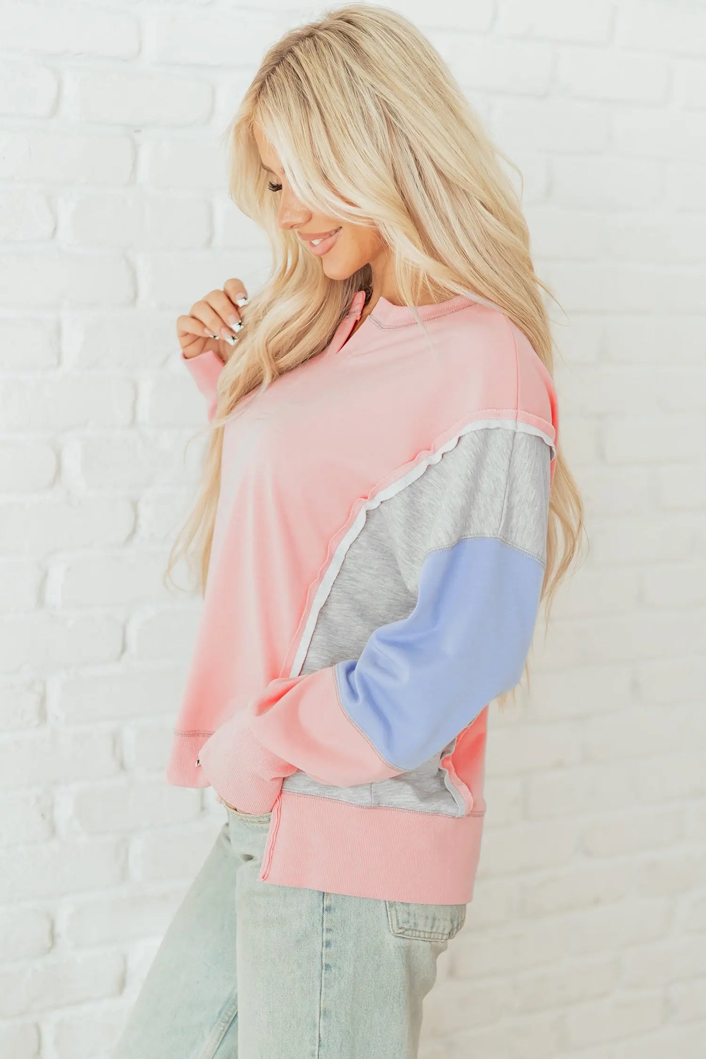 Apricot Pink Exposed Seam Color Block Patchwork Slit Cuffs Oversize Sweatshirt