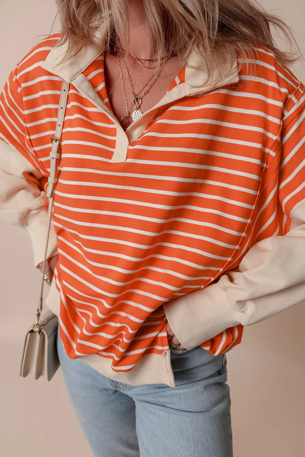 Orange Stripe Color Block Loose Fit Collared Drop Shoulder Sweatshirt Dear-Lover Dropshipping