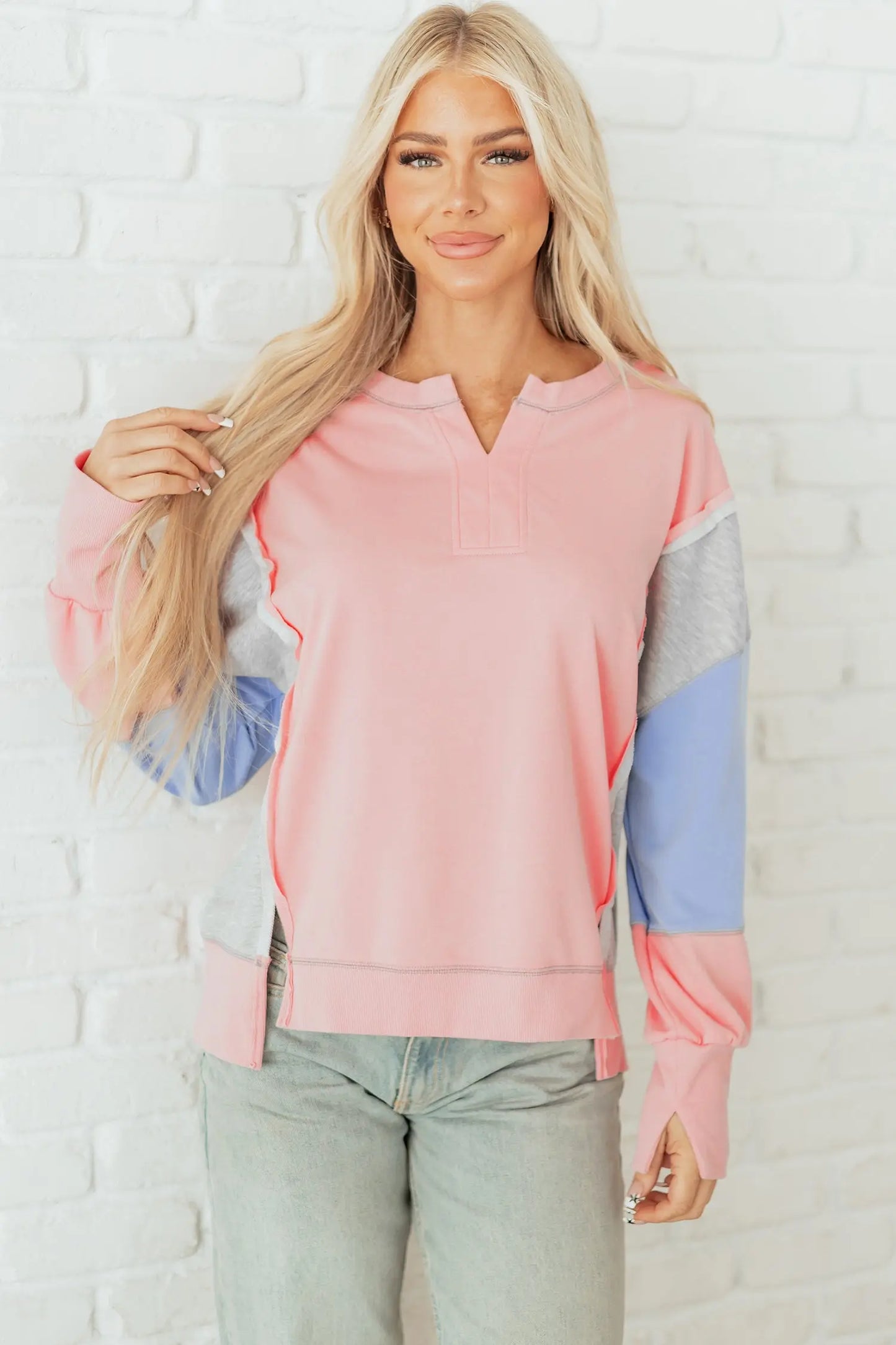 Apricot Pink Exposed Seam Color Block Patchwork Slit Cuffs Oversize Sweatshirt
