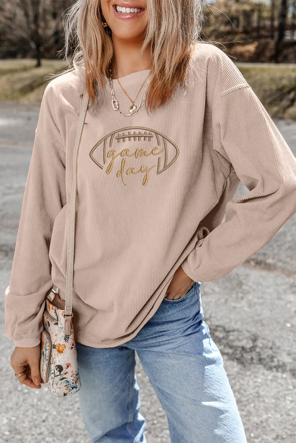 Apricot Rugby Game Day Embroidered Corduroy Sweatshirt Dear-Lover Dropshipping