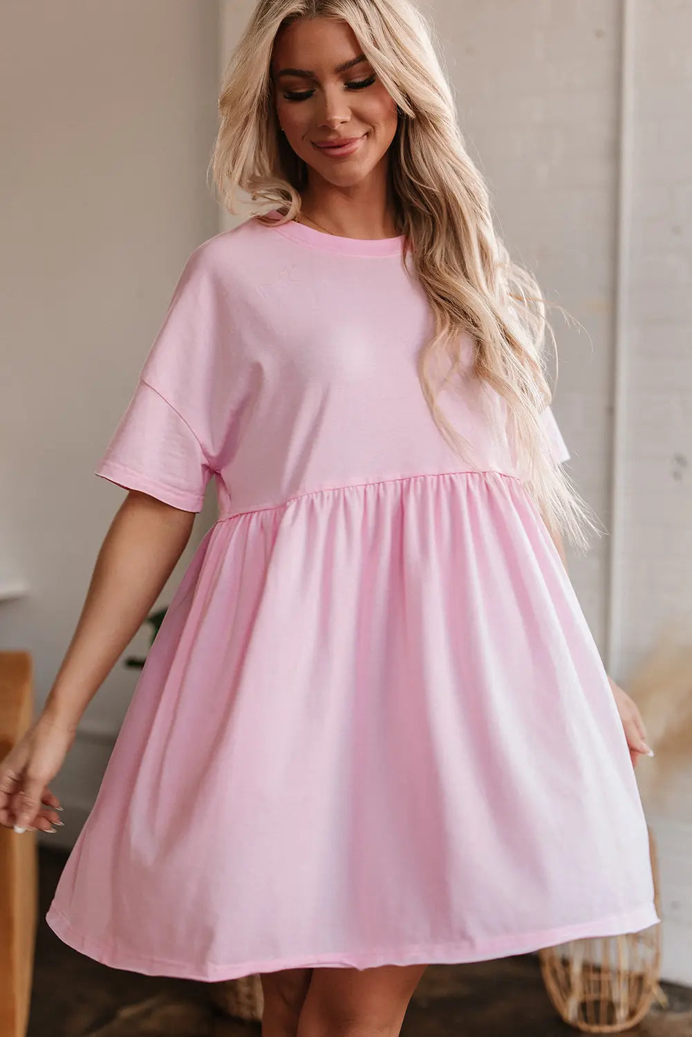Light Pink Solid Color Pocketed Raw Edge Babydoll Dress Dear-Lover Dropshipping